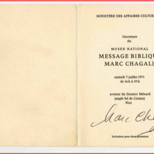 Chagall invitation ouverture musée du Message Biblique 7 juillet 1973 signée